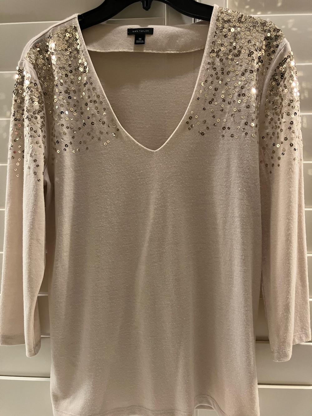 Ann Taylor Cream V-Neck Long Sleeve Top with Sequin Shoulders